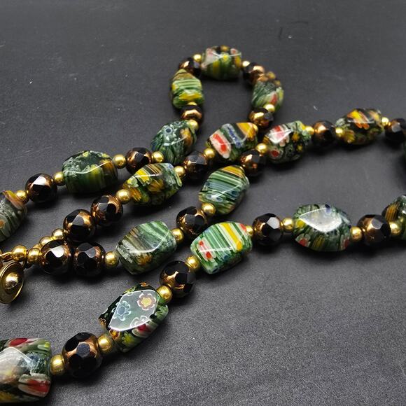 Vintage Teng Yue Green Millefiori Glass Beaded Necklace Floral - Picture 1 of 10